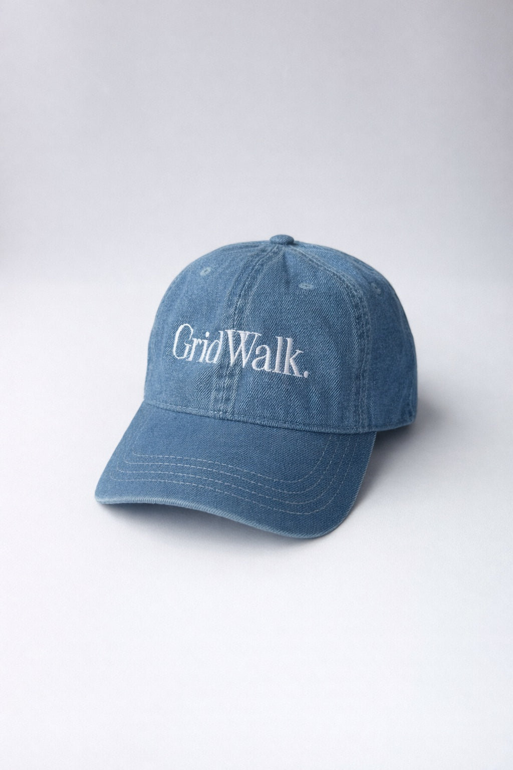 Chassey Grid Walk denim dad hat in medium wash with white embroidery
