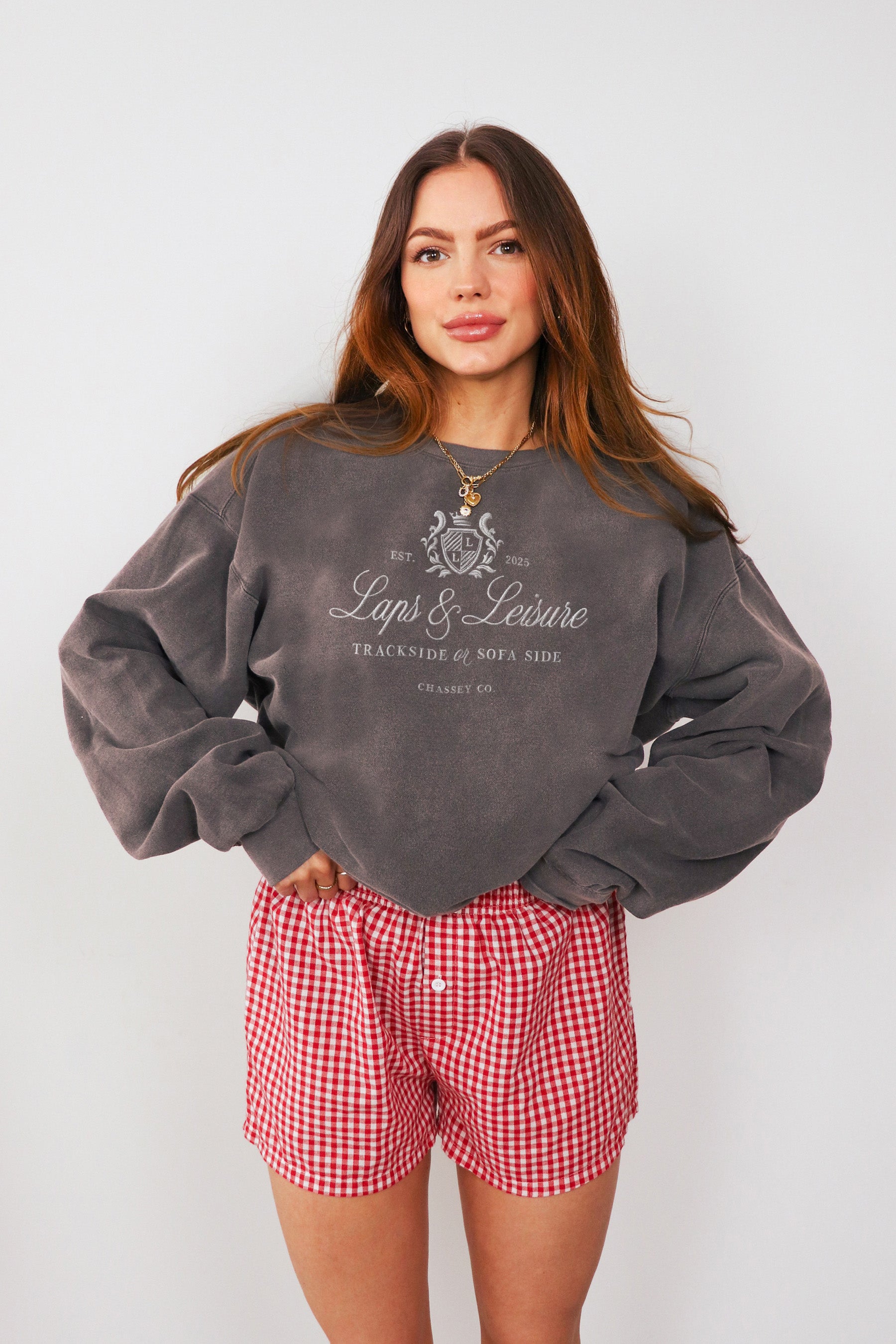 Model wearing Laps & Leisure embroidered sweatshirt in pepper gray