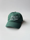 Meet Me at the Grid dad hat, relaxed fit, spruce green with white embroidery