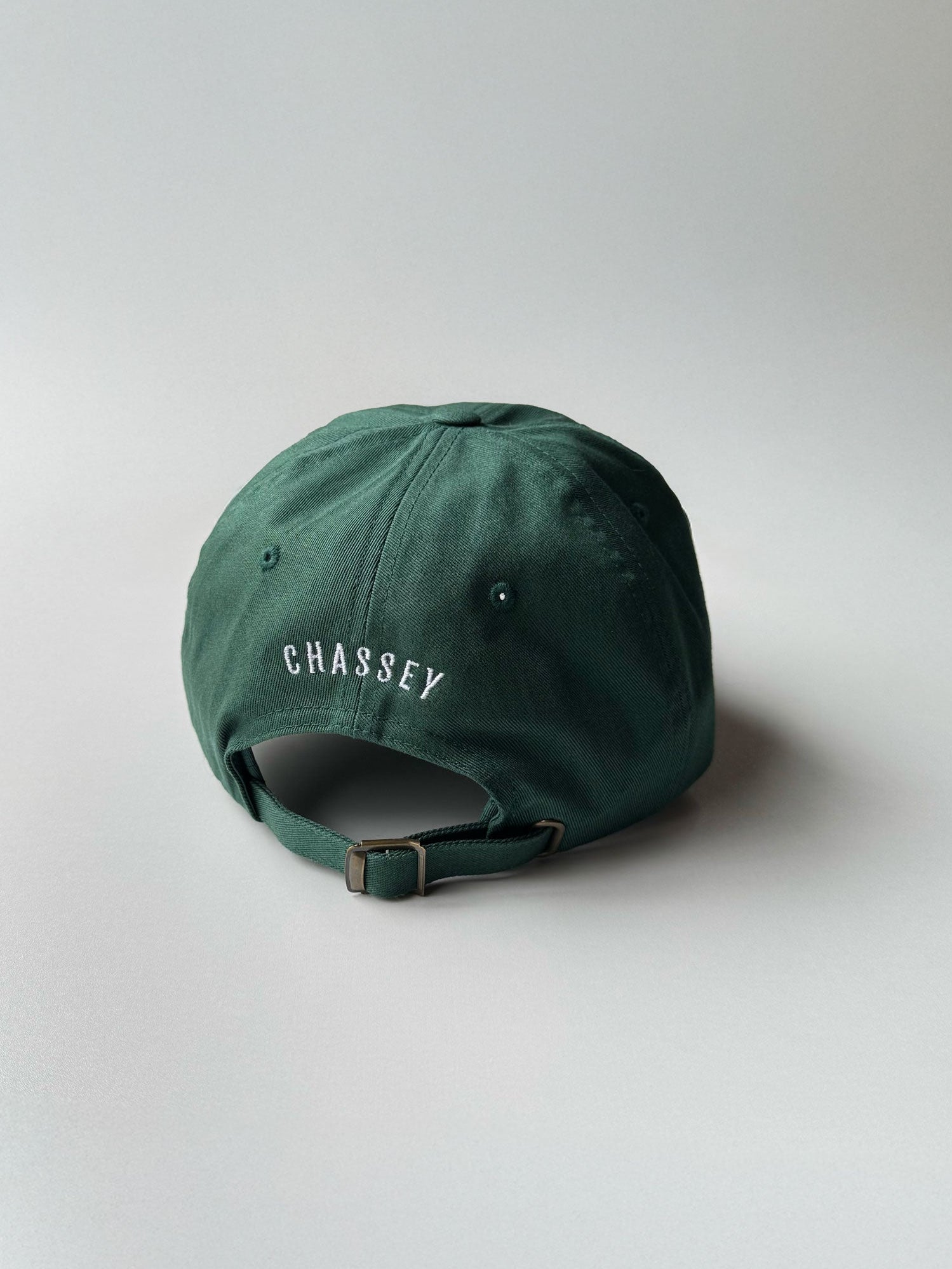 Back view with Chassey brand name embroidered, Meet Me at the Grid dad hat, relaxed fit, spruce green with white embroidery