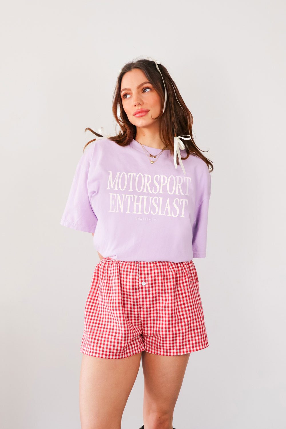 Chassey Motorsport Enthusiast garment dyed tee in orchid purple on model