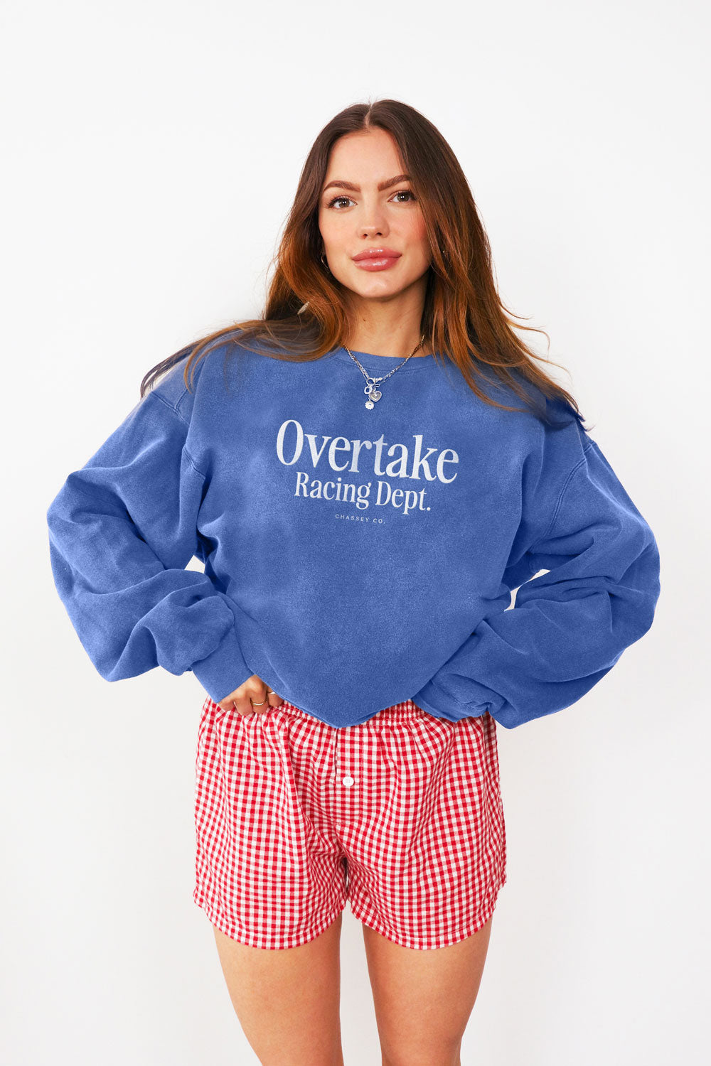 Chassey Overtake Racing Dept embroidered crewneck in flo blue on model