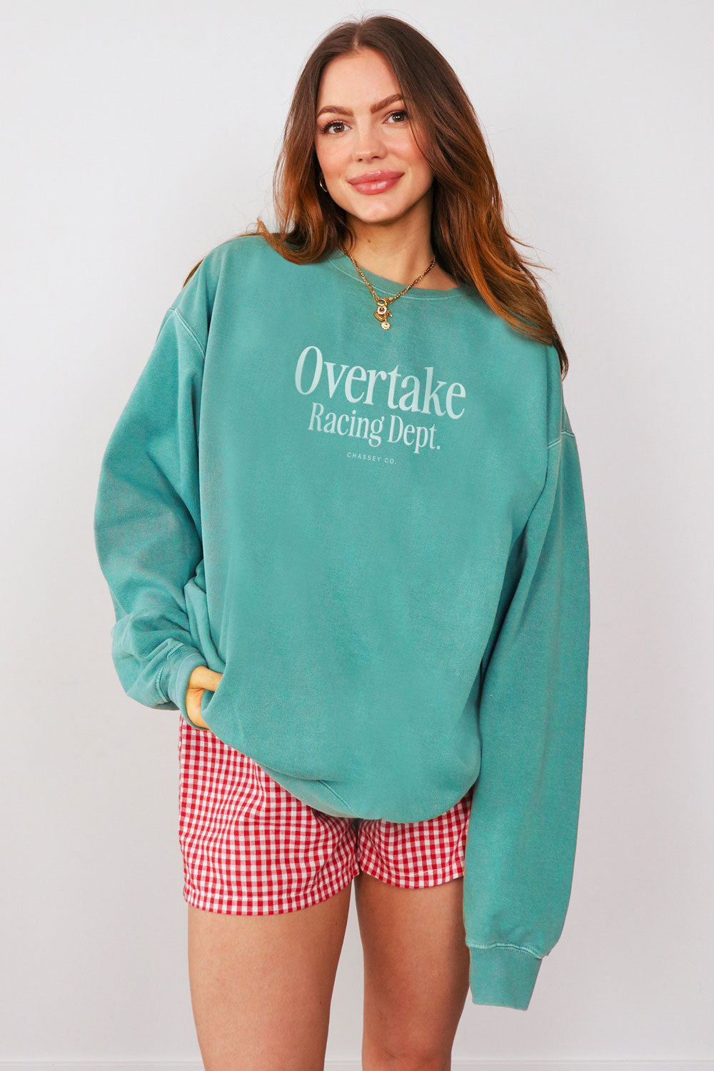 Chassey Overtake Racing Dept embroidered crewneck in seafoam green on model