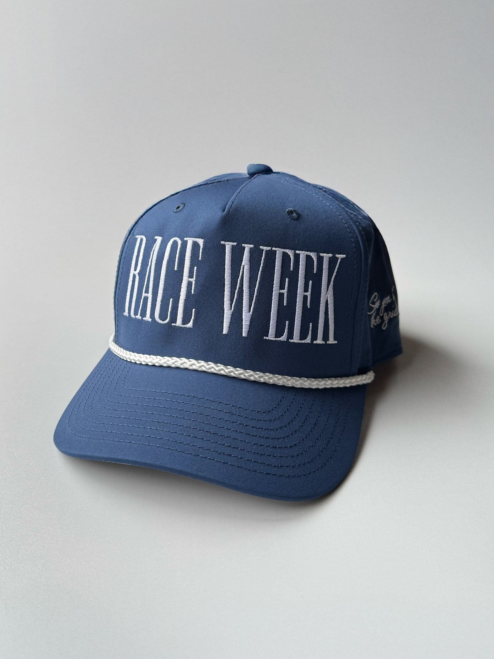 Blue Race Week rope hat with side embroidery