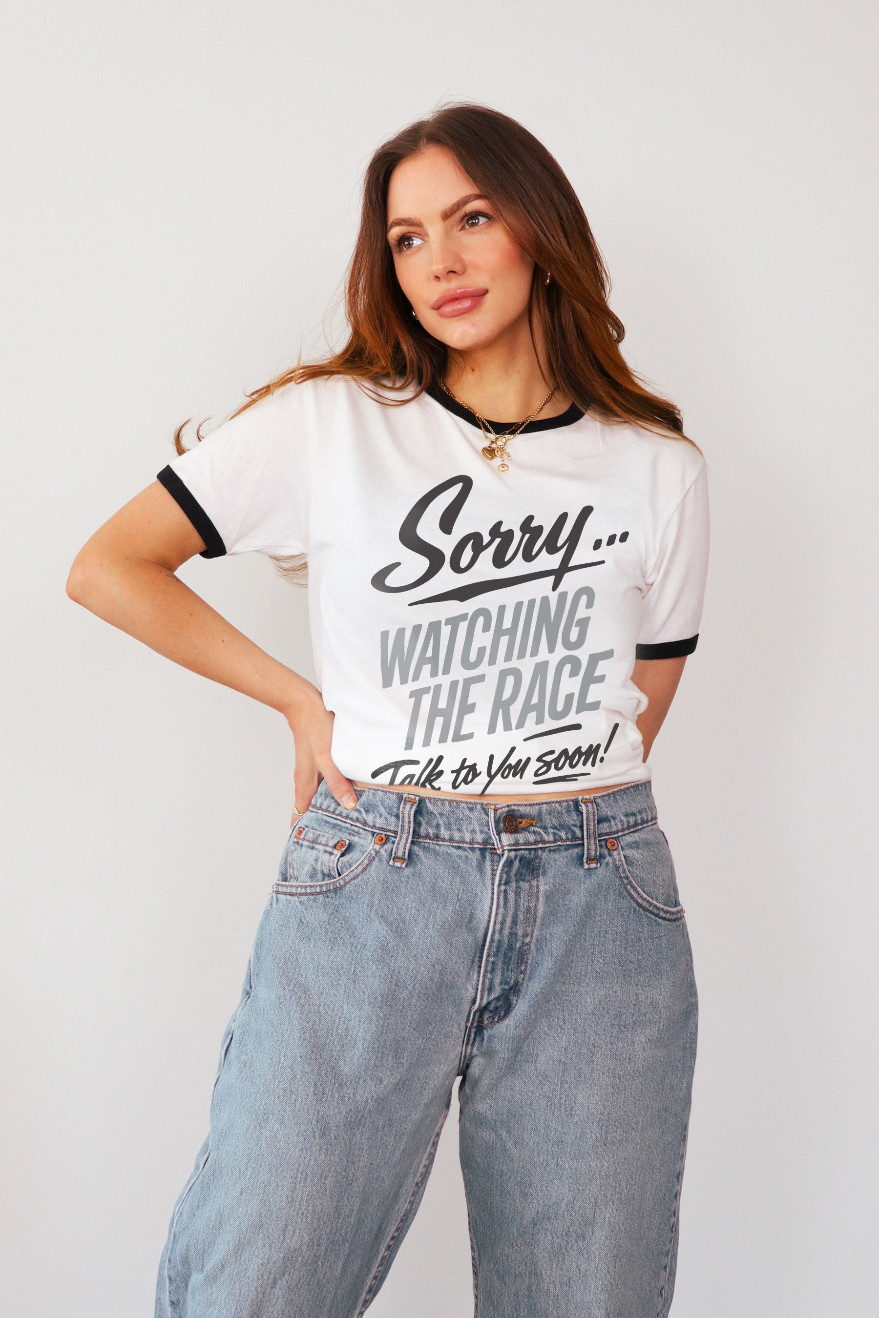 Sorry! Watching the Race ringer tee on model, white and black trim