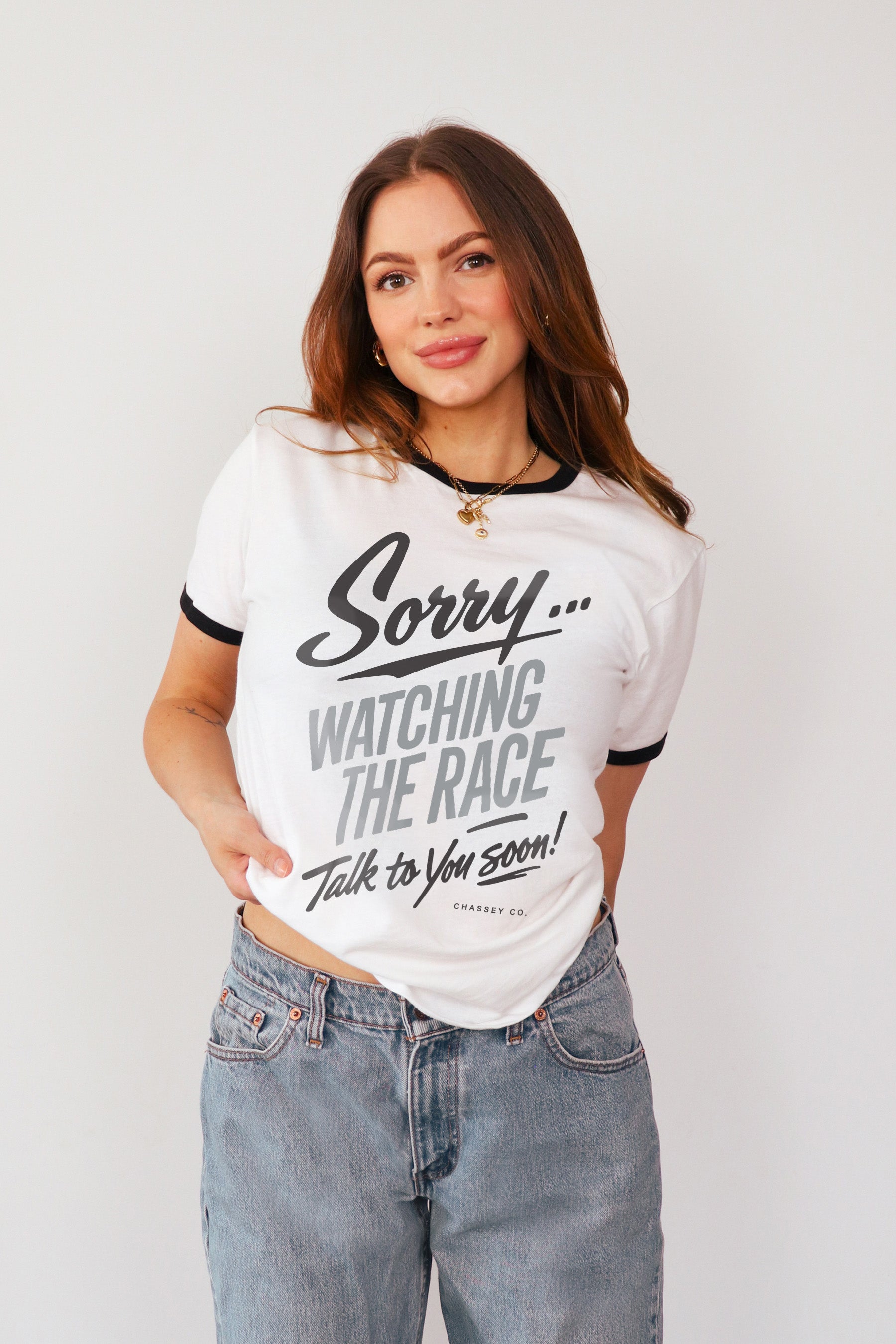Sorry! Watching the Race ringer tee on model, white and black trim