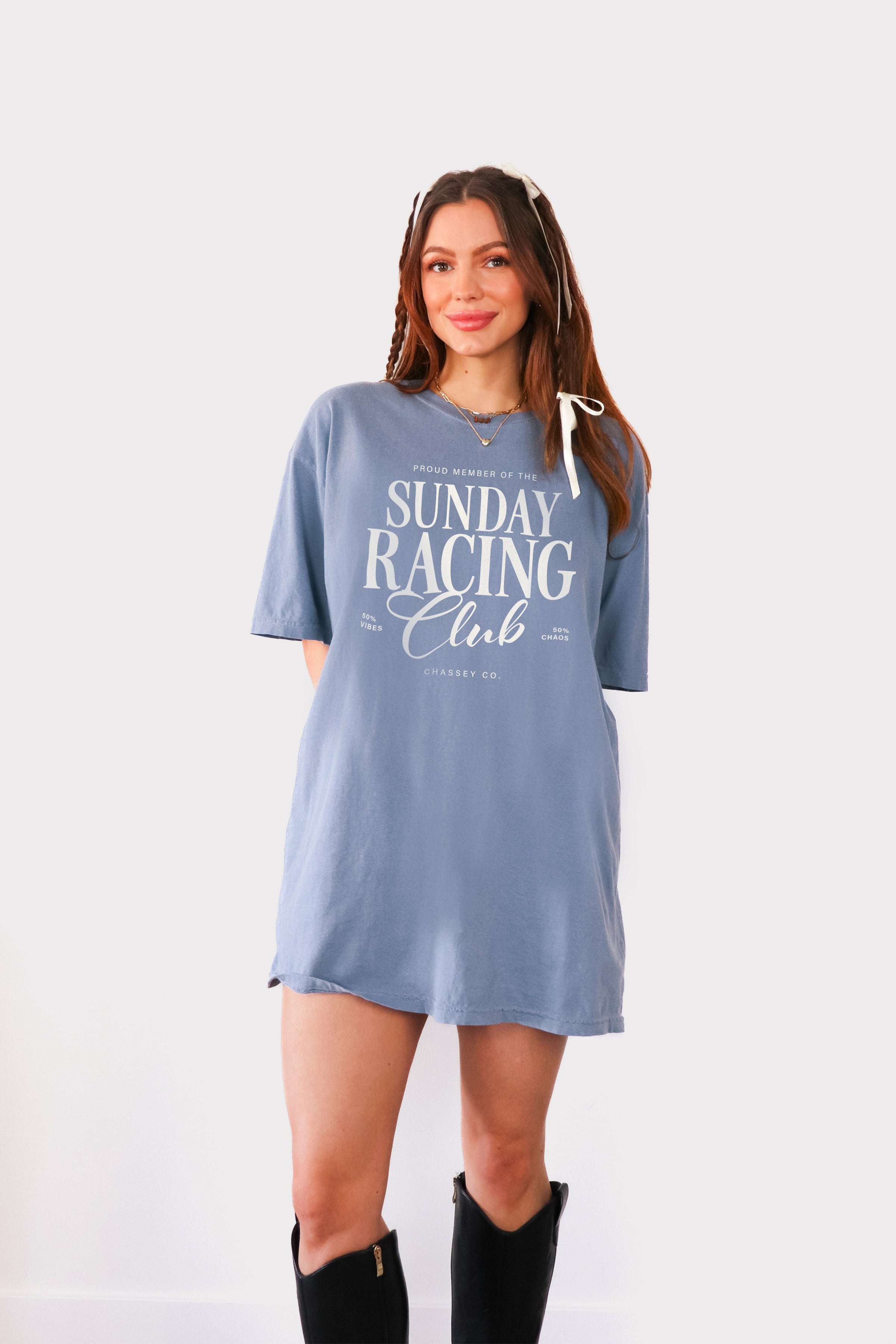 Sunday Racing Club tee on model, oversized fit, blue tee with cream text