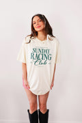 Sunday Racing Club tee on model, relaxed fit, cream tee with green text