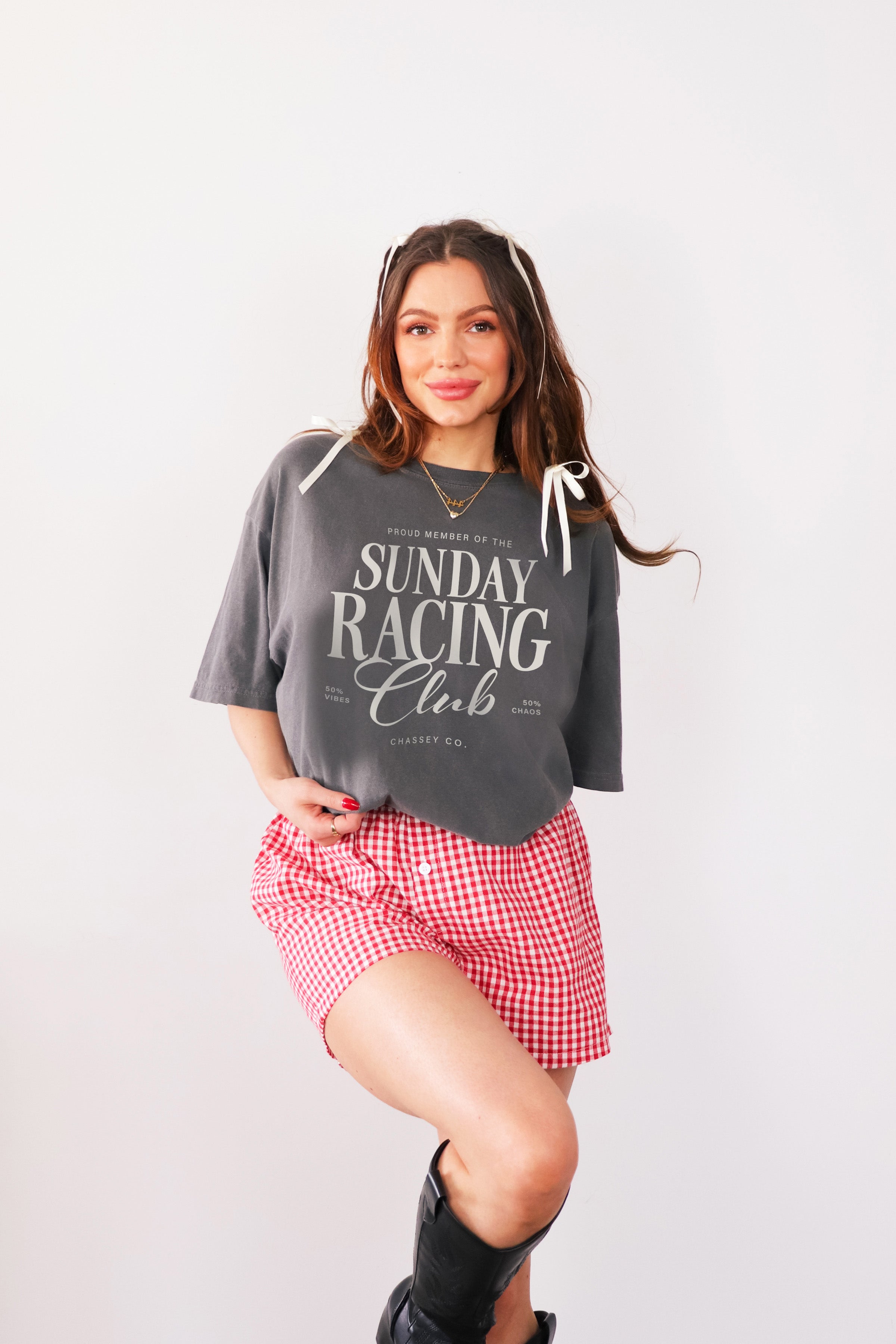 Sunday Racing Club tee on model, relaxed fit, dark gray tee with cream text